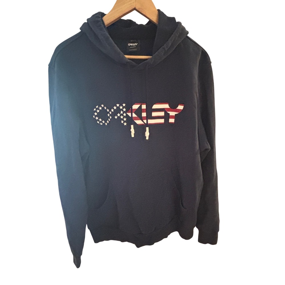 Oakley Mens Navy Blue American Flag Logo Hoodie Sweatshirt Regular Fit Lg